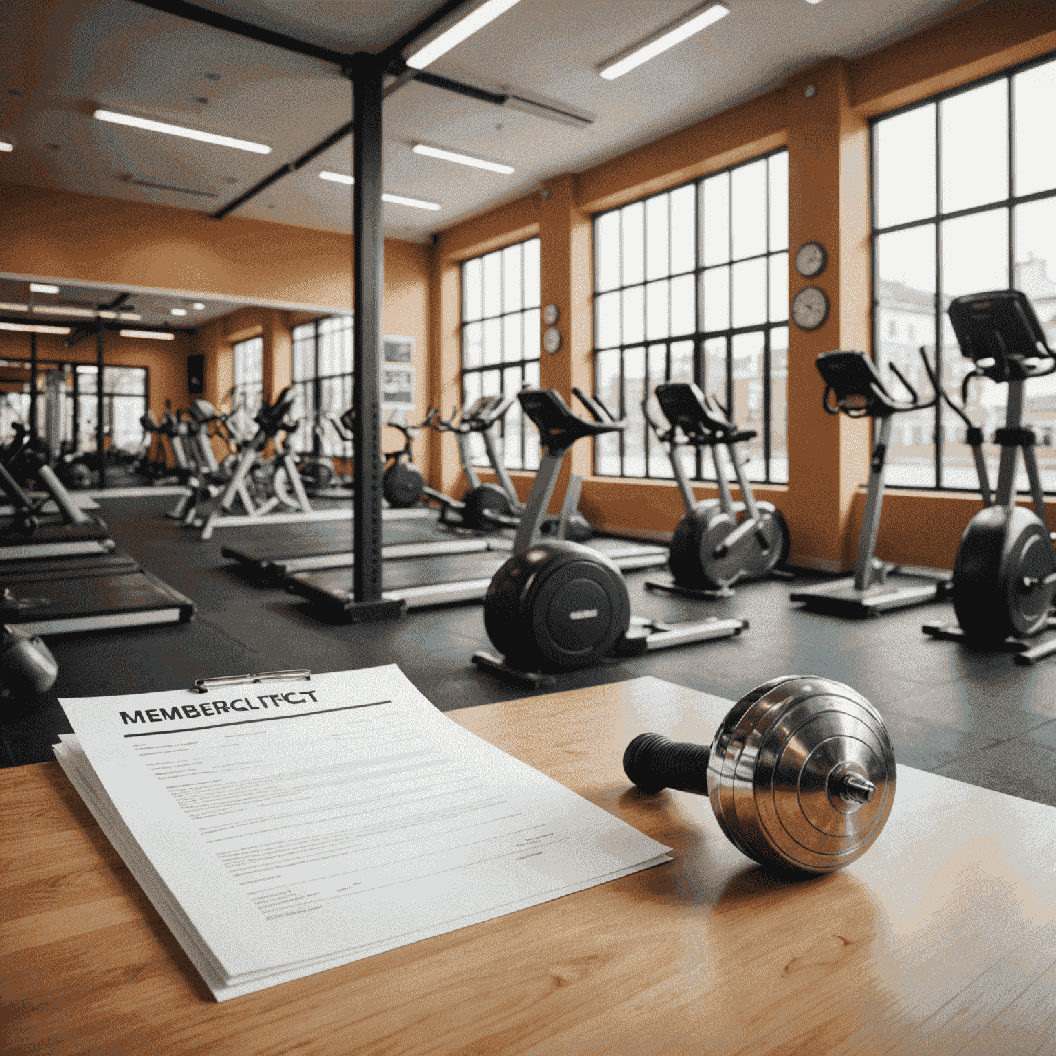 Interior de uma academia de ginástica com equipamentos e um contrato de adesão em primeiro plano